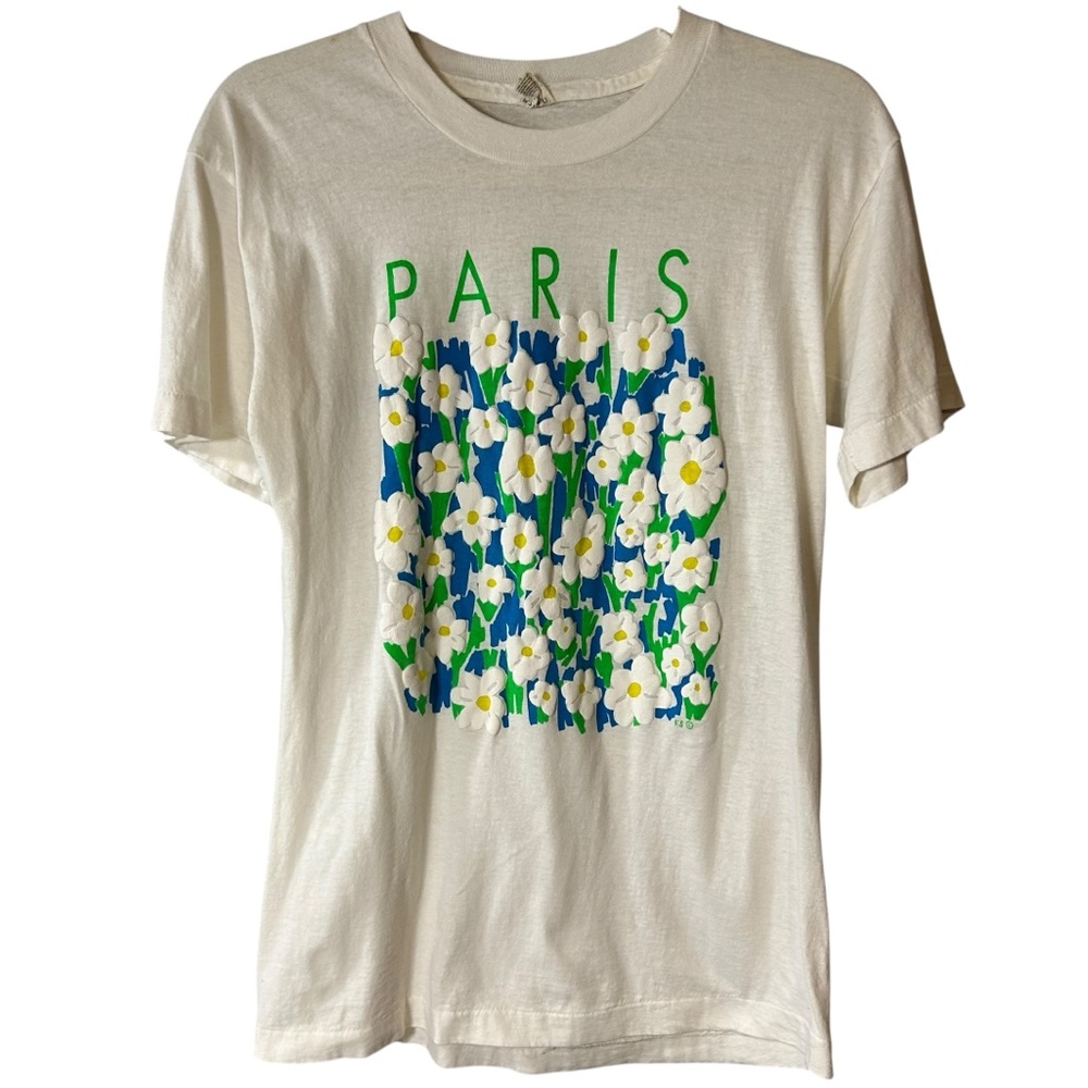 Vintage Paris France Daisy Floral Tee 90s Single Stitch Tourist Shirt M - Picture 2 of 9